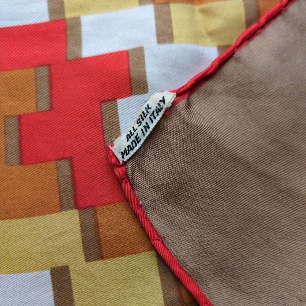 Vtg Christian Dior Silk Scarf Brown Red Geometric Brick Logo Italy Made 26in